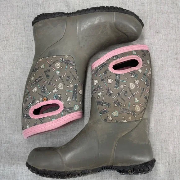 Bogs Boots Grey Pink Dragonfly Rain Boots Waterproof insulated Youth Size 6 - Picture 9 of 10